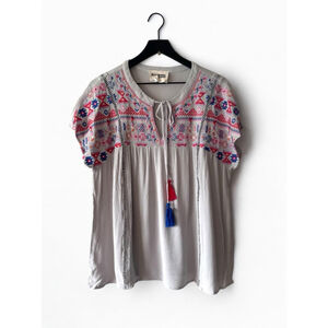 Savanna Jane Gray Short Sleeve Top with Multicolor Embroidery